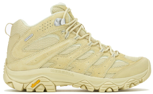 Tan-colored hiking boot with mid-ankle height and lace-up closure, featuring a rubber sole and stitched upper panels.