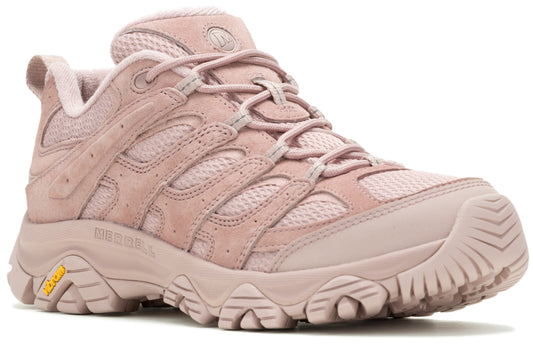 Pink low-rise hiking shoe with suede overlays, mesh panels, and lugged sole.