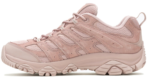 A pink hiking shoe with a low profile and lugged sole.