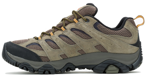 A brown hiking shoe with a black toe and gray sole.