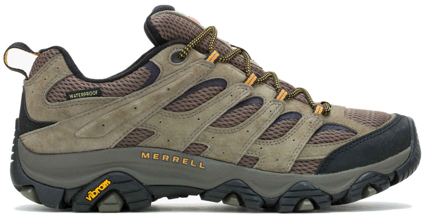 A waterproof low-rise hiking shoe with brown mesh, tan suede overlays, gold laces, a black toe cap, black heel and a dark-grey Vibram sole. "MERRELL" is printed in gold on the side.