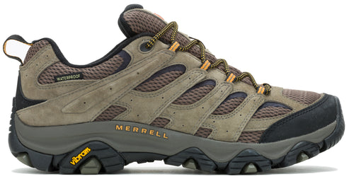 A waterproof low-rise hiking shoe with brown mesh, tan suede overlays, gold laces, a black toe cap, black heel and a dark-grey Vibram sole. "MERRELL" is printed in gold on the side.
