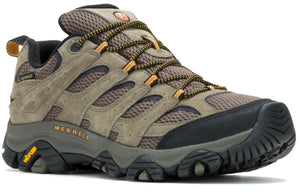 Hiking shoe in shades of brown, black, and orange with a lug sole.