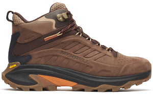Brown hiking boot with black midsole and orange accent.