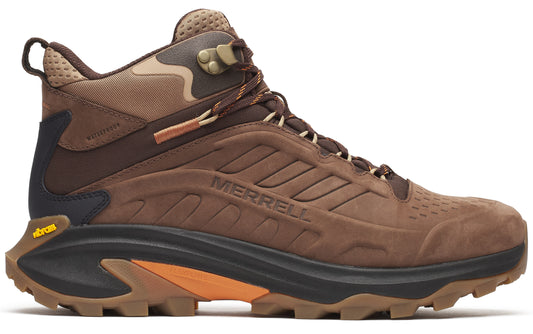 Brown hiking boot with black midsole and orange accent.
