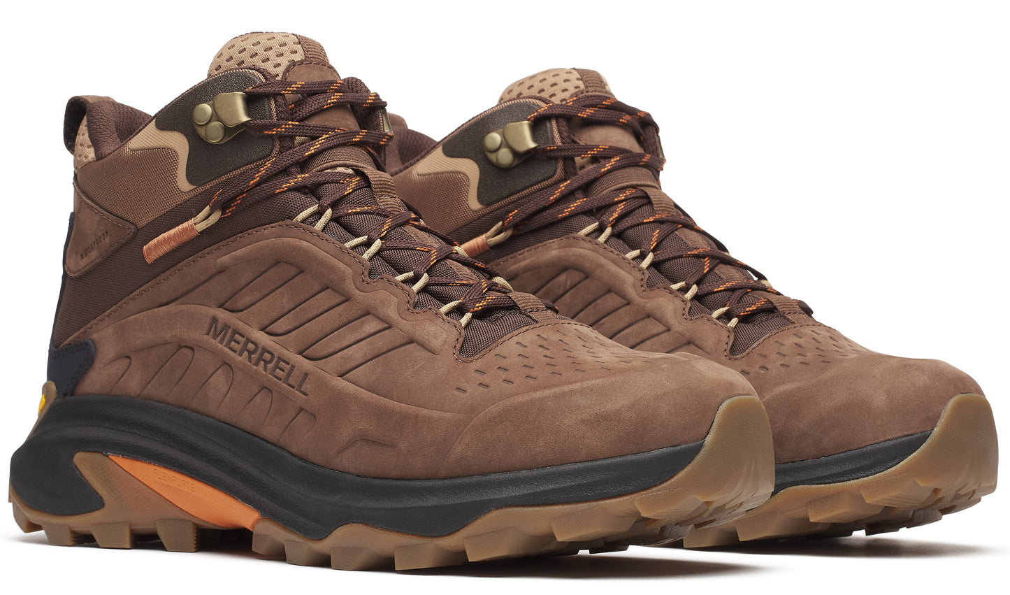 Pair of brown hiking boots with orange laces and black midsoles.