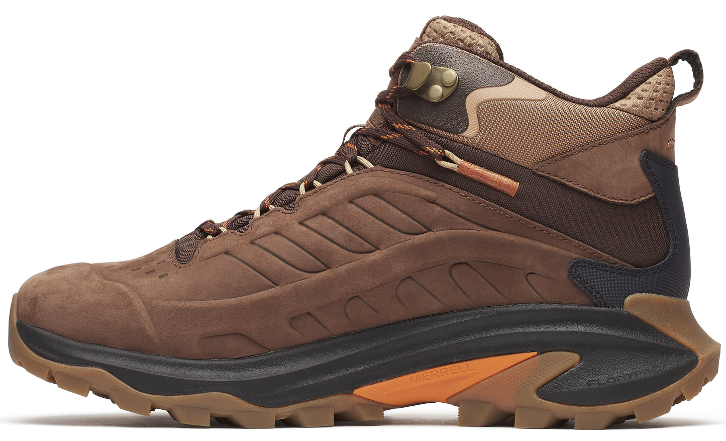 Brown leather hiking boot with black midsole and orange accent.