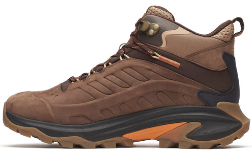 Brown leather hiking boot with black midsole and orange accent.