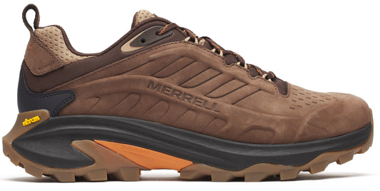 Brown hiking shoe with a dark brown sole, brown shoelaces, and "MERRELL" branding.