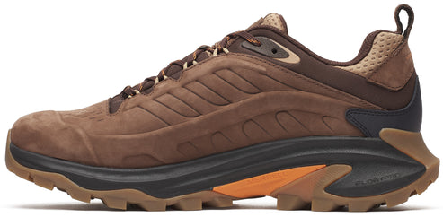 A brown trail-running shoe with a lugged outsole.