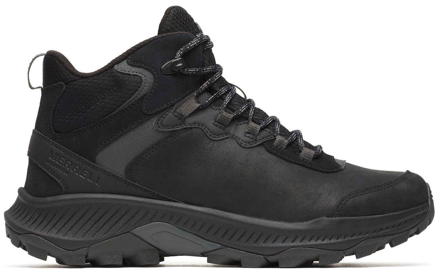 Black hiking boot with dark laces and treaded sole.