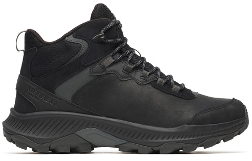 Black hiking boot with dark laces and treaded sole.