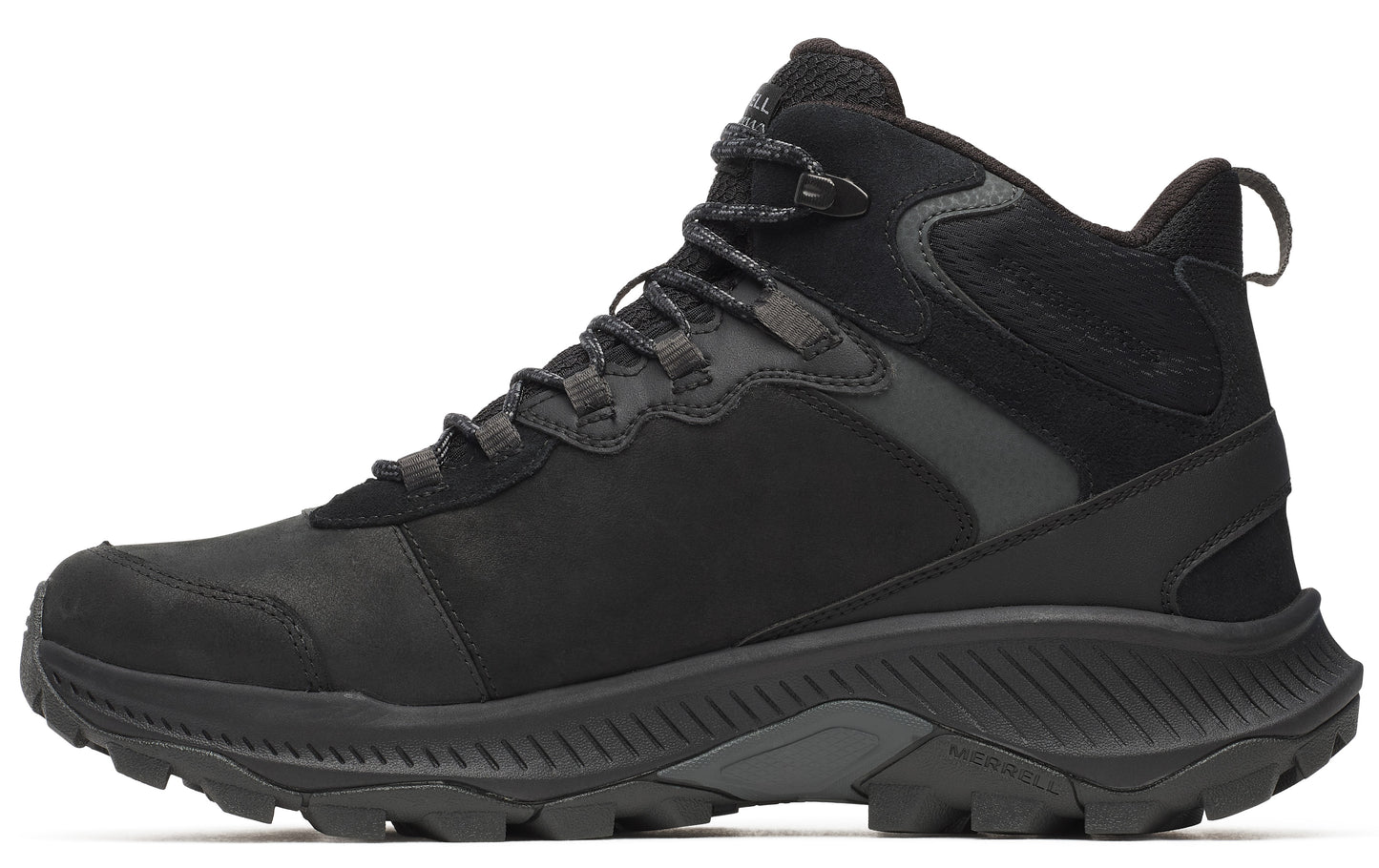 A mid-rise black hiking boot with a lugged sole and lace-up closure.