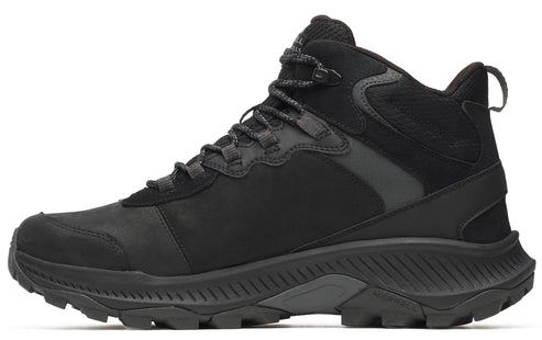 A mid-rise black hiking boot with a lugged sole and lace-up closure.