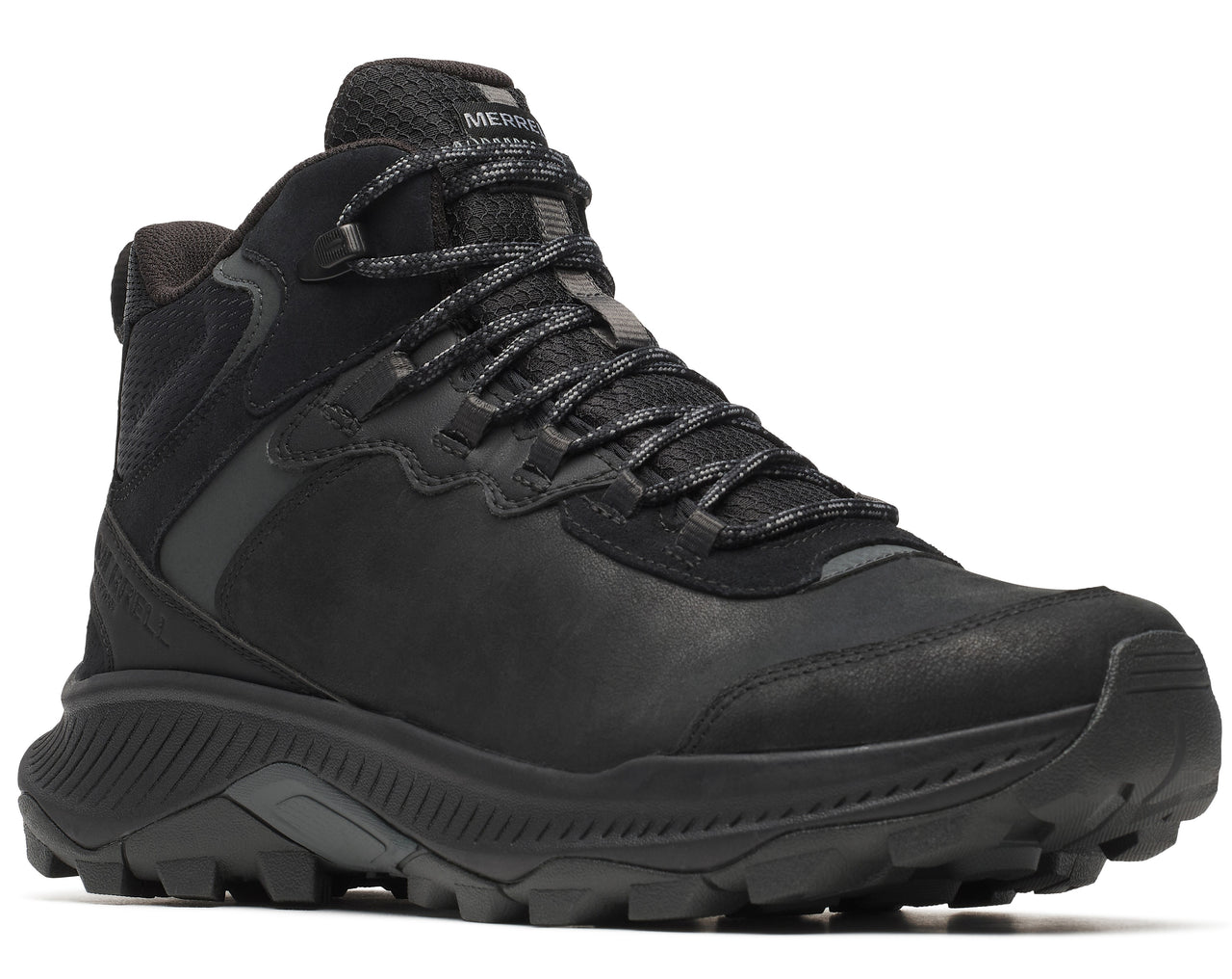 Black mid-top hiking boot with textured laces and lug sole.