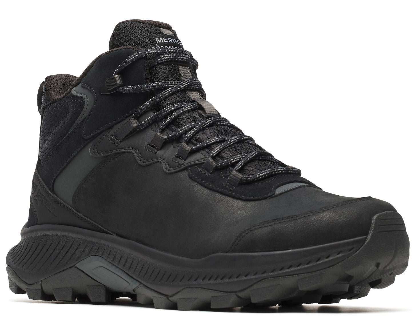 Black mid-top hiking boot with textured laces and lug sole.