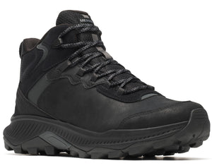 Black mid-top hiking boot with textured laces and lug sole.