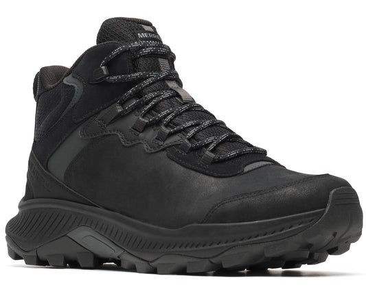 Black mid-top hiking boot with textured laces and lug sole.