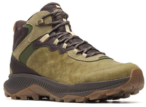 Olive green and brown hiking boot with patterned laces and rugged sole.