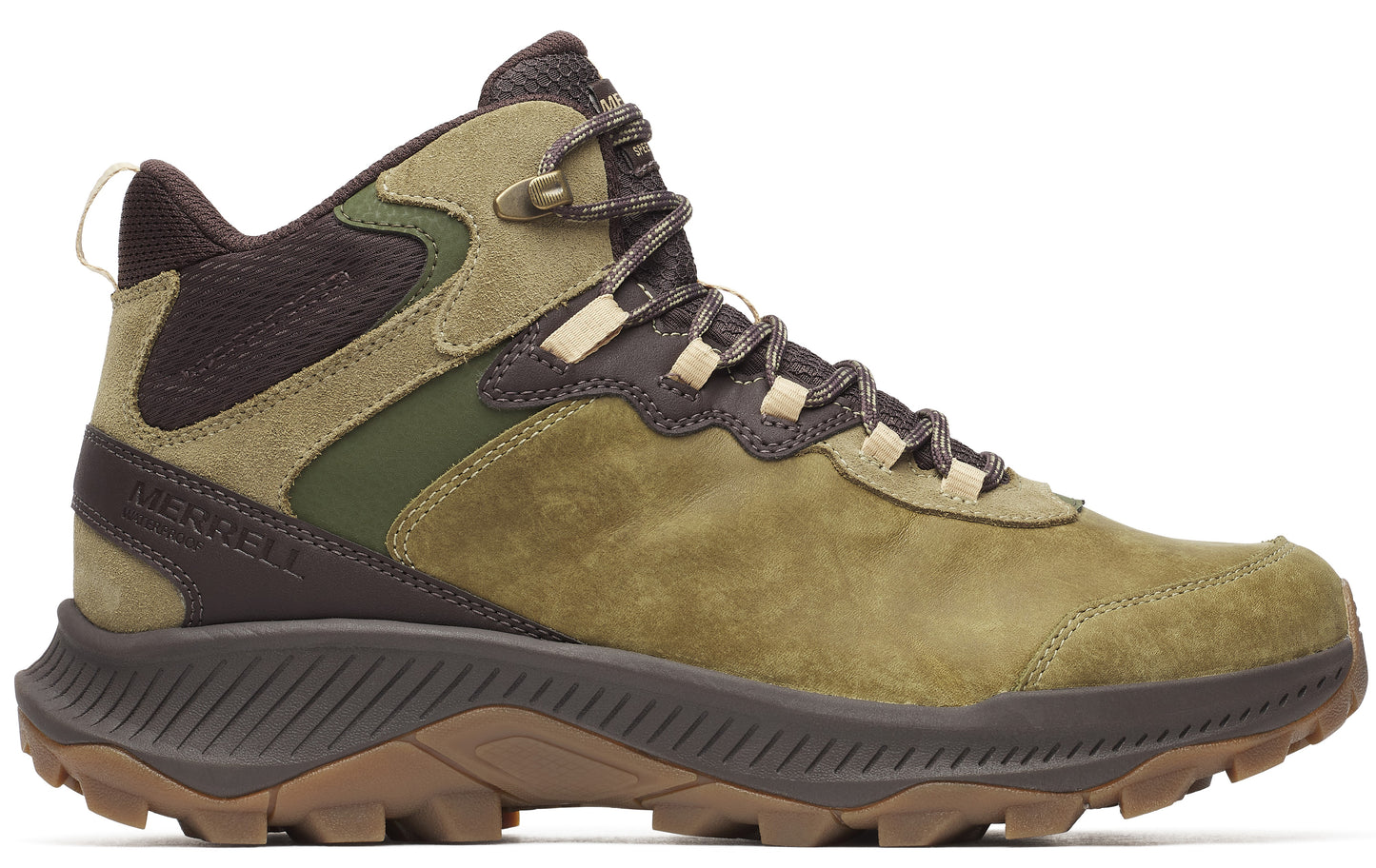 Olive colored high top hiking shoe with brown accents.