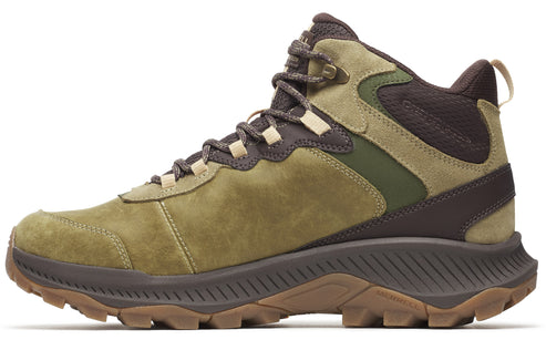 Olive green mid-rise hiking boot with brown accents and lug sole.