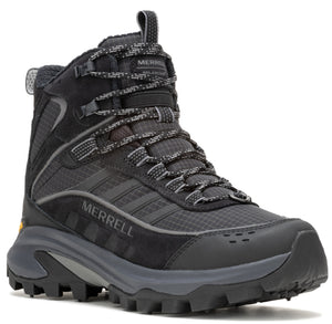 Black high-top hiking boot with patterned laces and a thick, ridged sole; the word "MERRELL" is visible on the side.