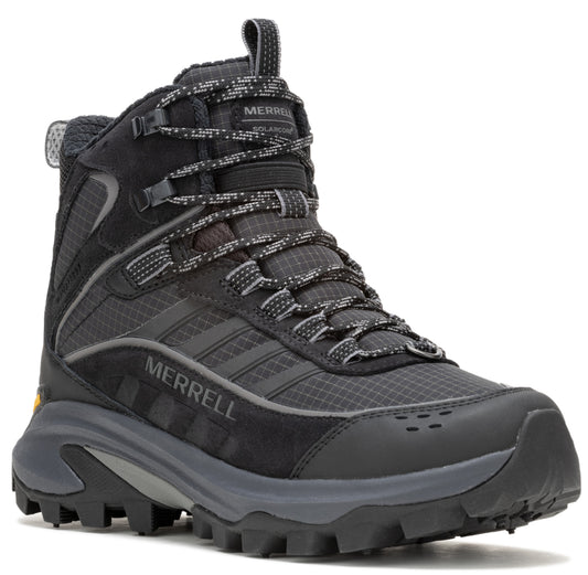 Black high-top hiking boot with patterned laces and a thick, ridged sole; the word "MERRELL" is visible on the side.
