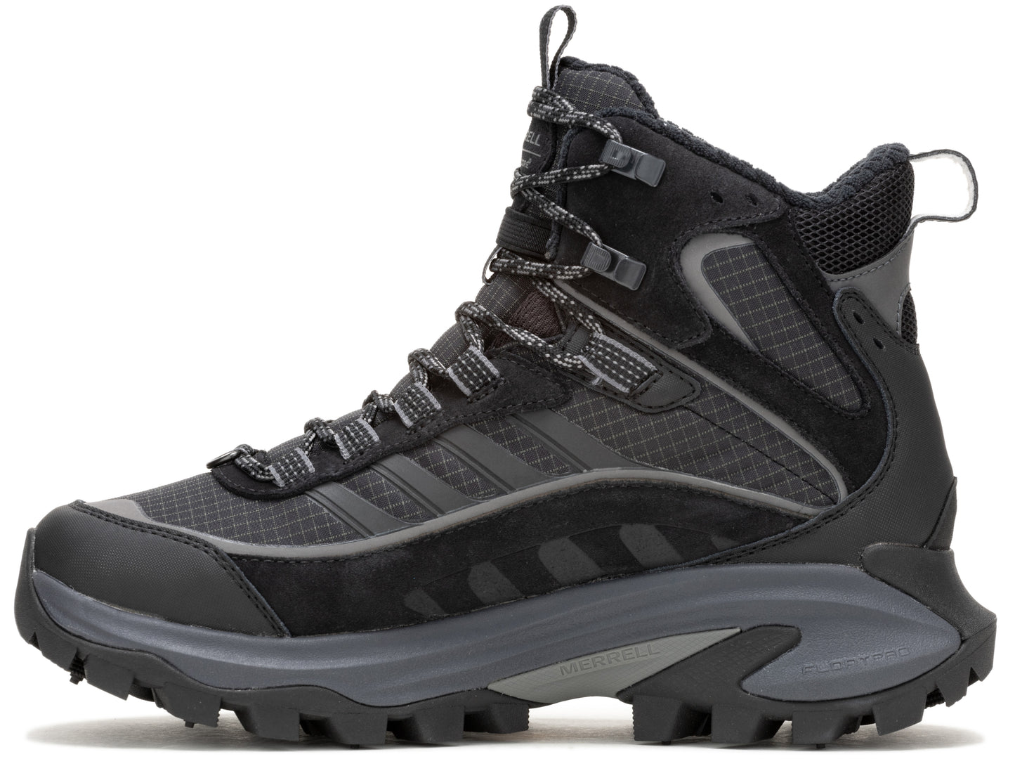 A black hiking boot with gray laces and three stripes on the side.