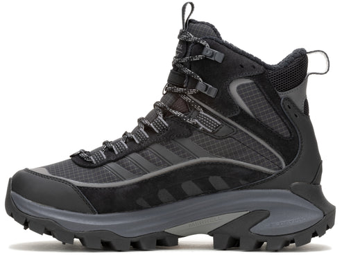 A black hiking boot with gray laces and three stripes on the side.