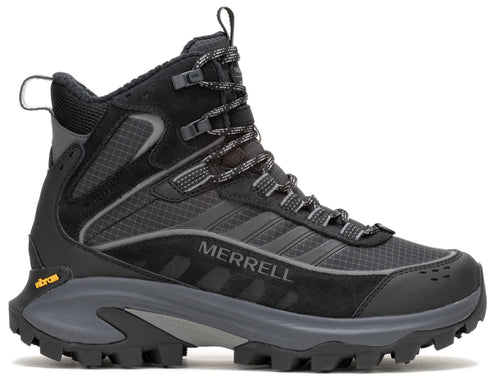 Black high-top hiking boot with gray accents and laces, featuring the word "MERRELL".