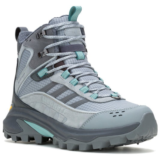 A gray and light blue high-top hiking boot with gray laces and a dark gray lug sole.