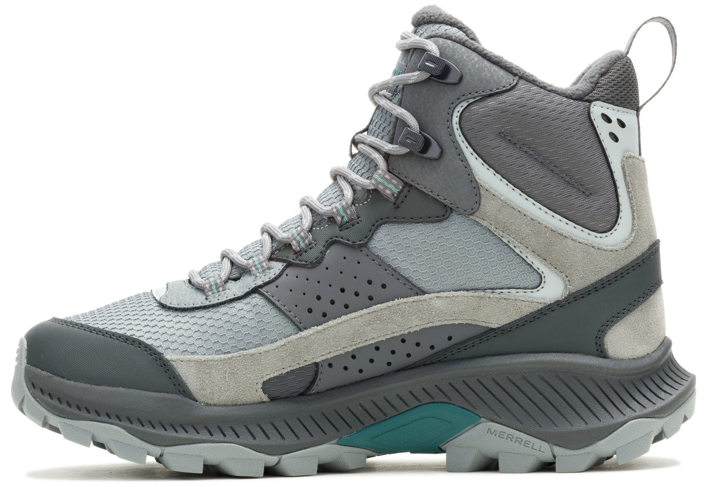 Gray high-top hiking boot with lace-up closure, breathable mesh, suede overlays, padded collar, and lugged outsole.