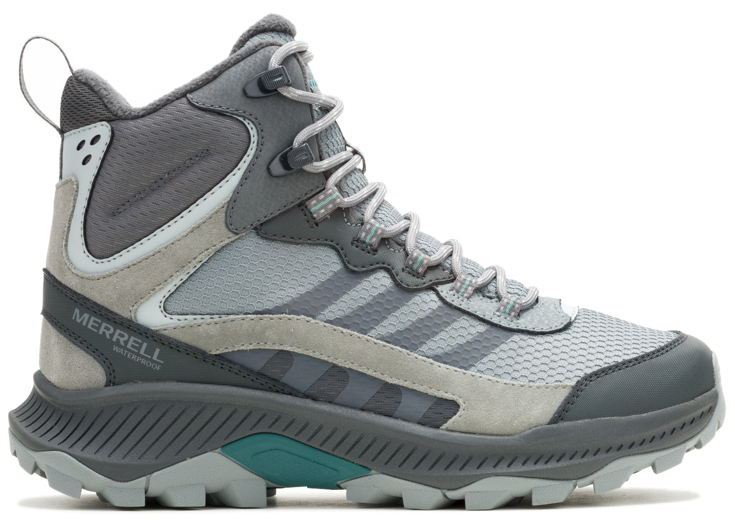 Gray hiking boot with mesh and suede-like material, high ankle support, and 'Waterproof' detail.