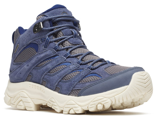Blue suede mid-top hiking boot with gray mesh and white sole.