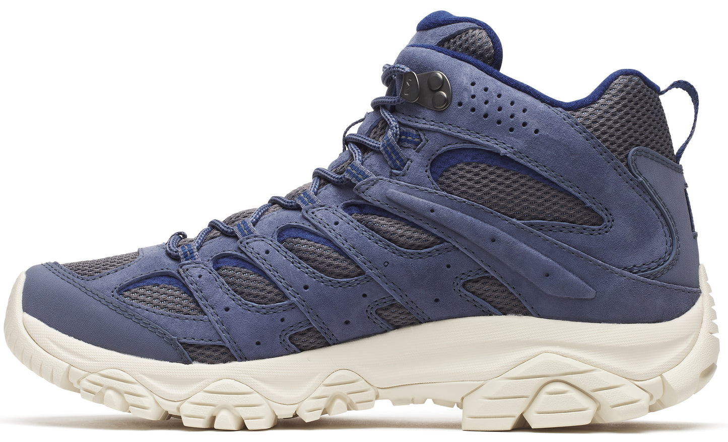 Blue mid-height hiking boot with off-white sole, featuring breathable mesh.