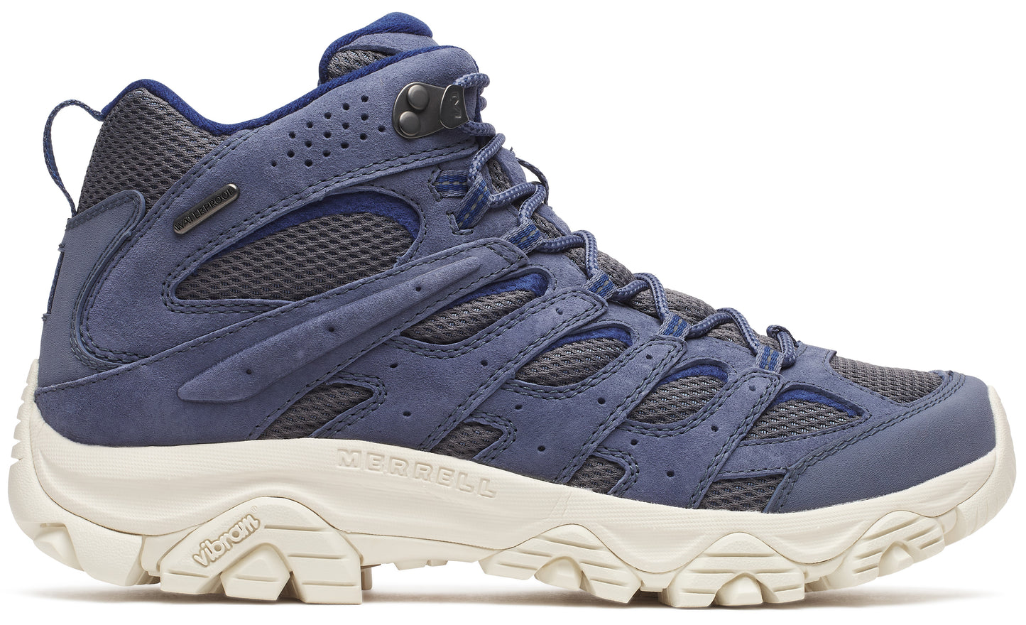 Blue hiking boot with dark mesh accents and a cream colored sole.