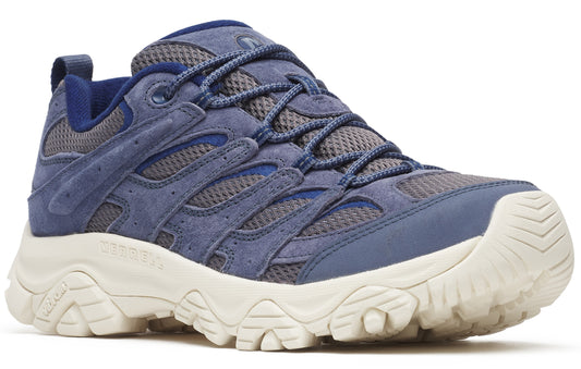 A low cut blue hiking shoe featuring suede leather and mesh uppers with thick lugged white soles and matching laces.
