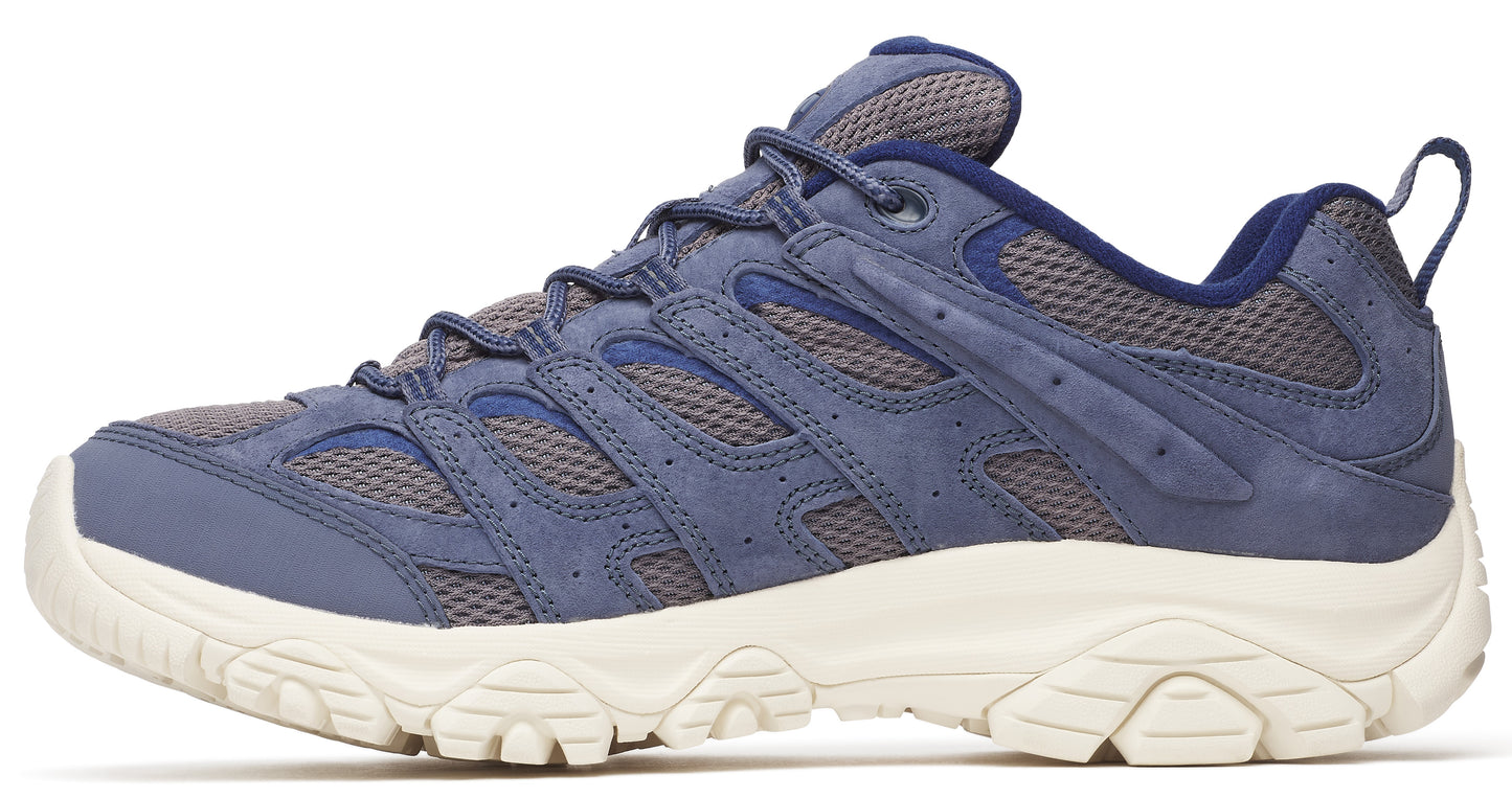 Blue trail shoe with laces and white sole.