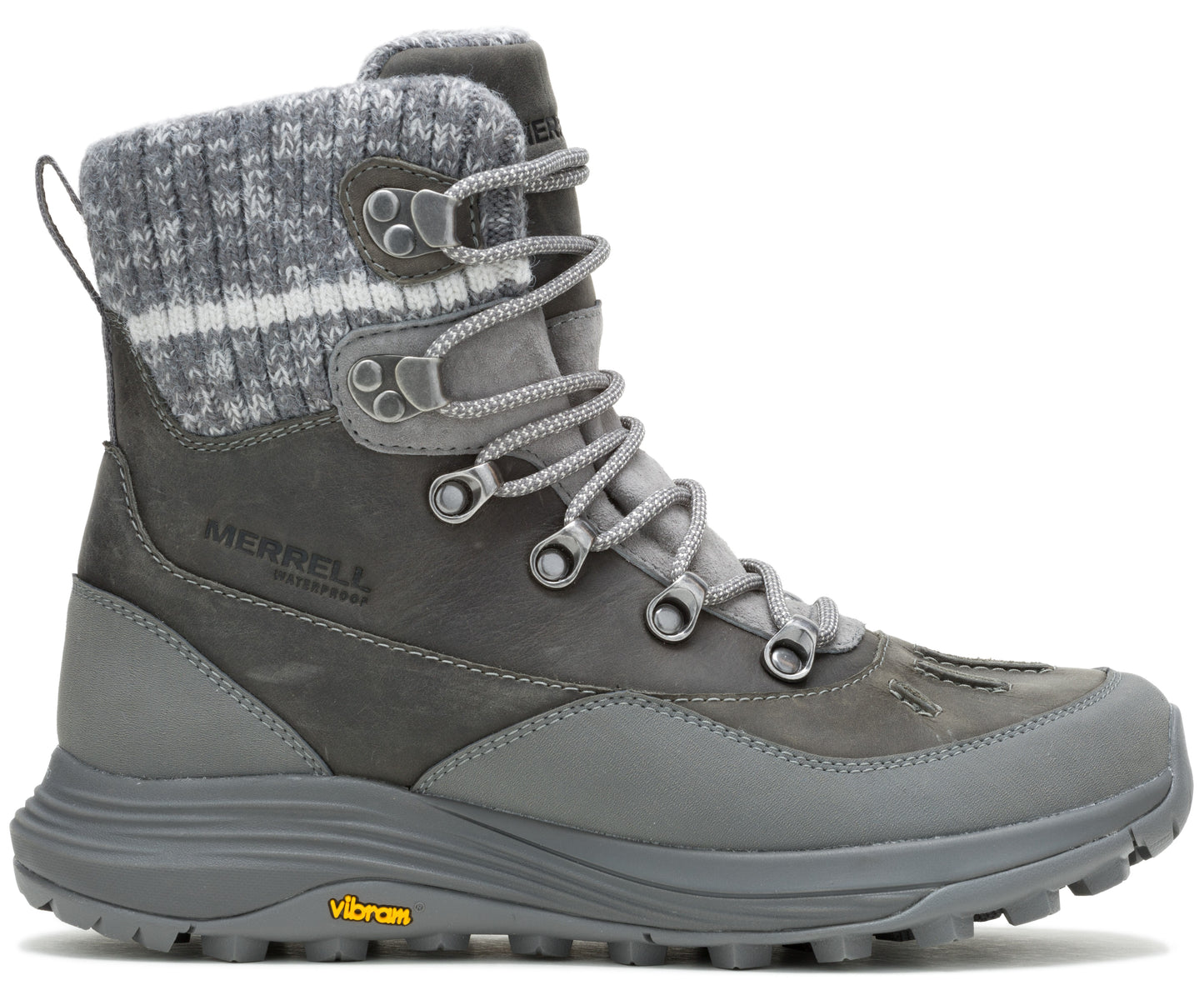 Gray waterproof boot with gray and white striped knit cuff, lacing and vibram sole.