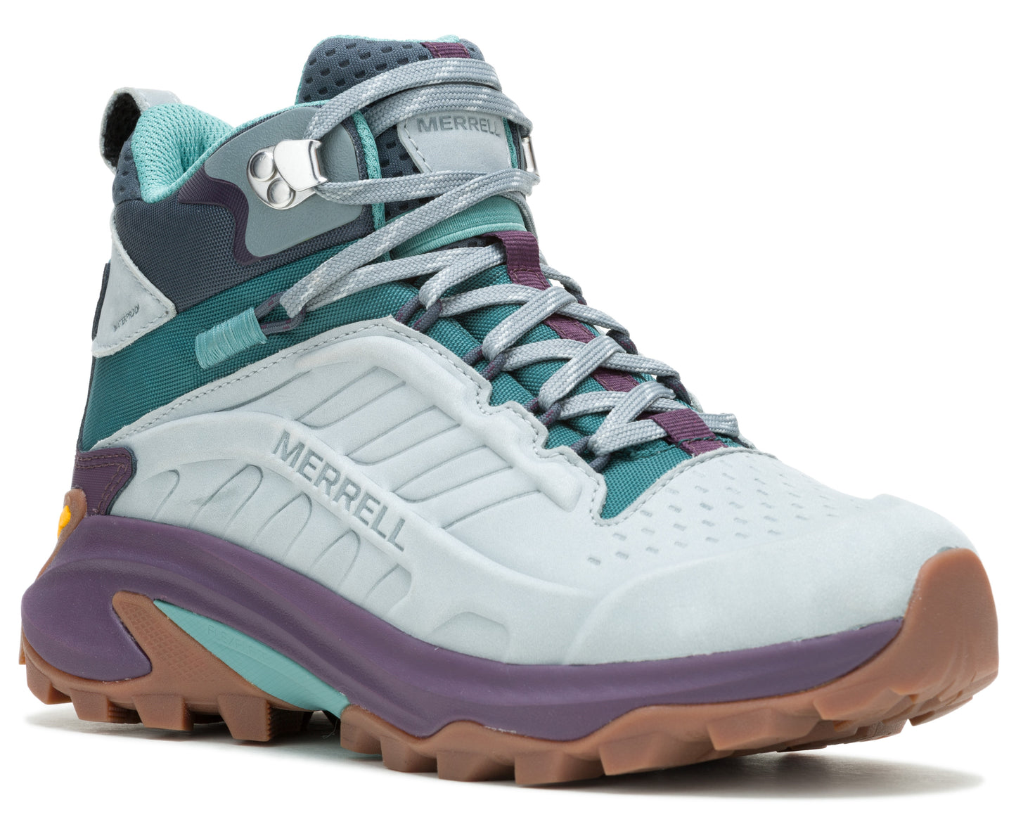 A light-colored hiking boot with teal, purple, and brown accents, featuring visible "MERRELL" text.