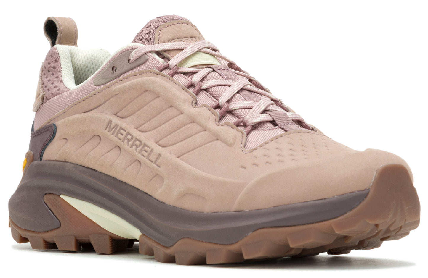 Tan colored athletic shoe with MERRELL on the side and brown soles.