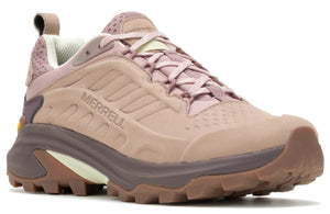Tan colored athletic shoe with MERRELL on the side and brown soles.