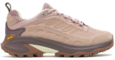 A low-cut, trail-running shoe with a curved, thick, dark-brown sole. It has pinkish-tan, fabric upper with ventilation holes. The word MERRELL appears in raised letters on the outside panel.
