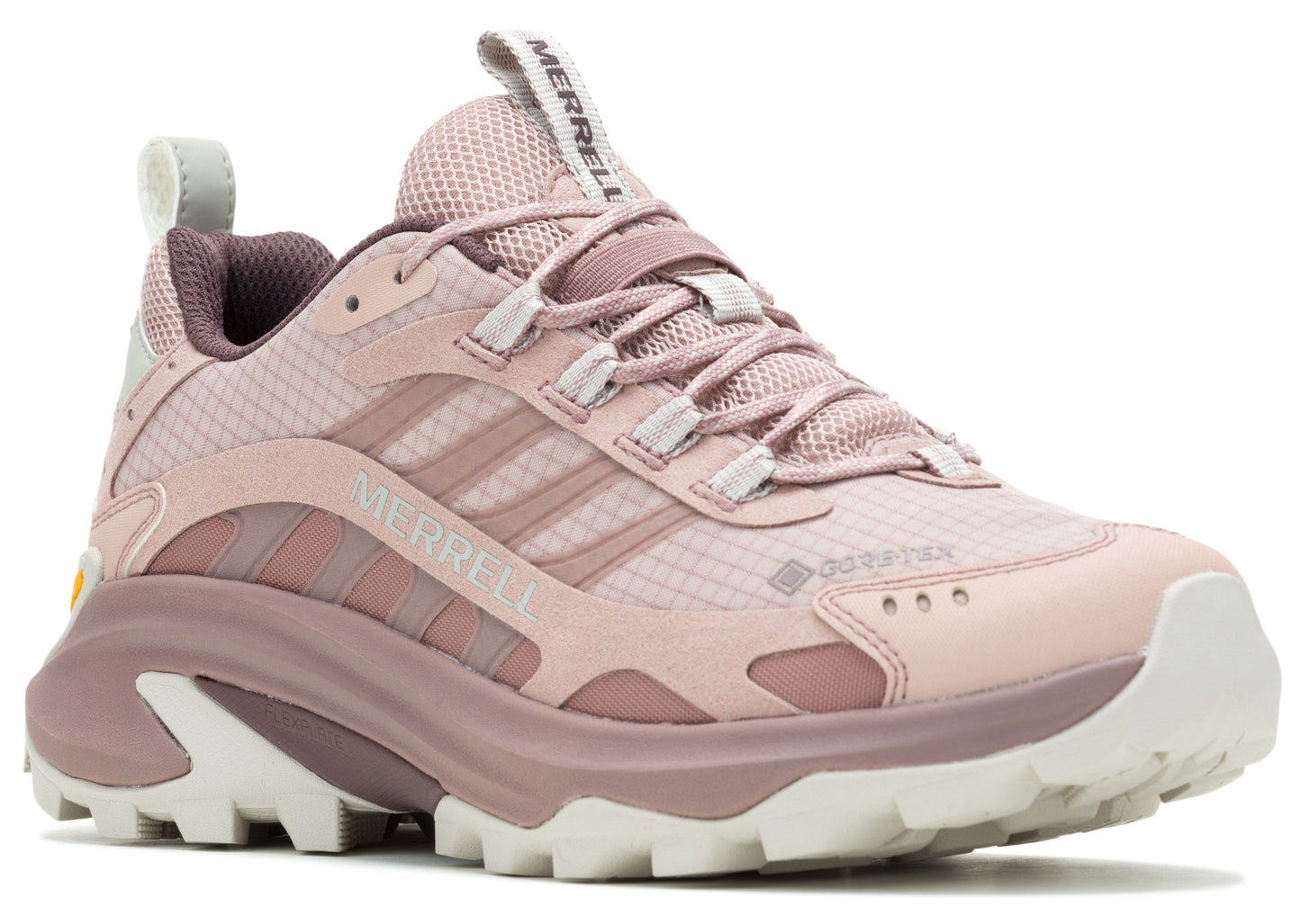 A pink hiking shoe with white laces and a thick, wavy sole.