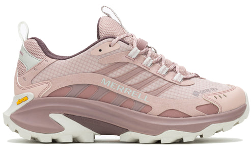 Pink athletic shoe with a thick, sculpted sole and the text "MERRELL".