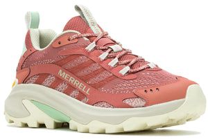 A reddish-pink athletic shoe with white laces and accents, featuring a thick, light-colored sole.