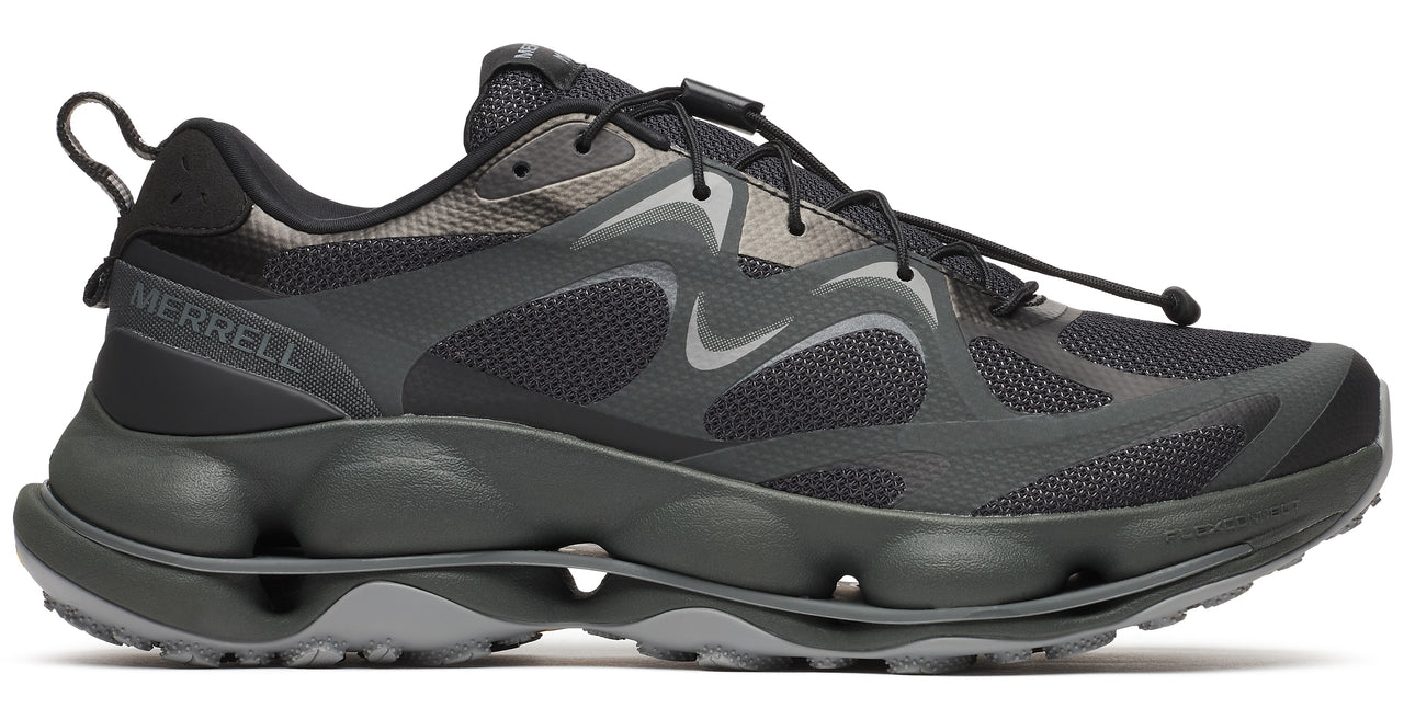Black running shoe with gray accents and MERRELL logo on side.