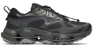 Black running shoe with gray accents and MERRELL logo on side.
