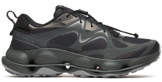 Black running shoe with gray accents and MERRELL logo on side.