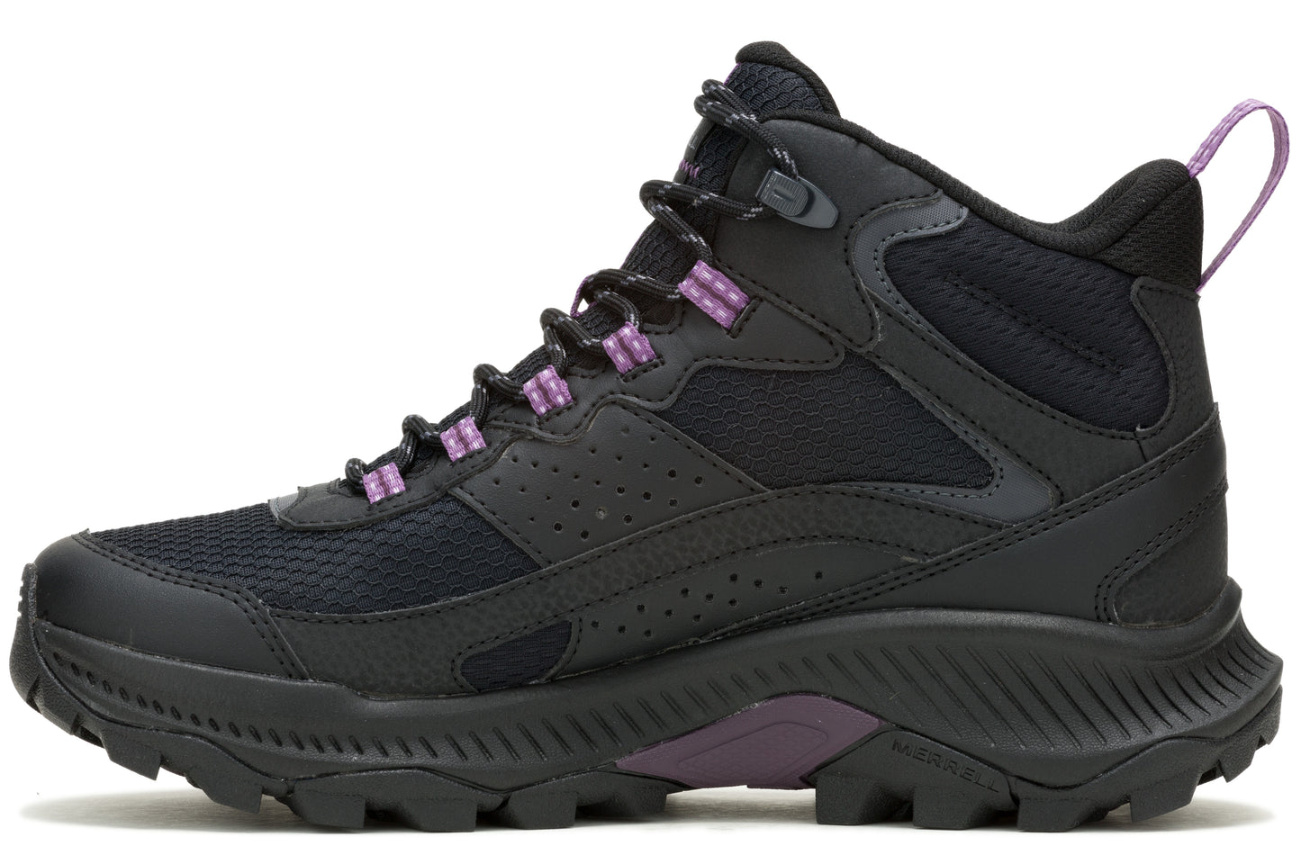 A black mid-rise hiking boot with purple accent laces.
